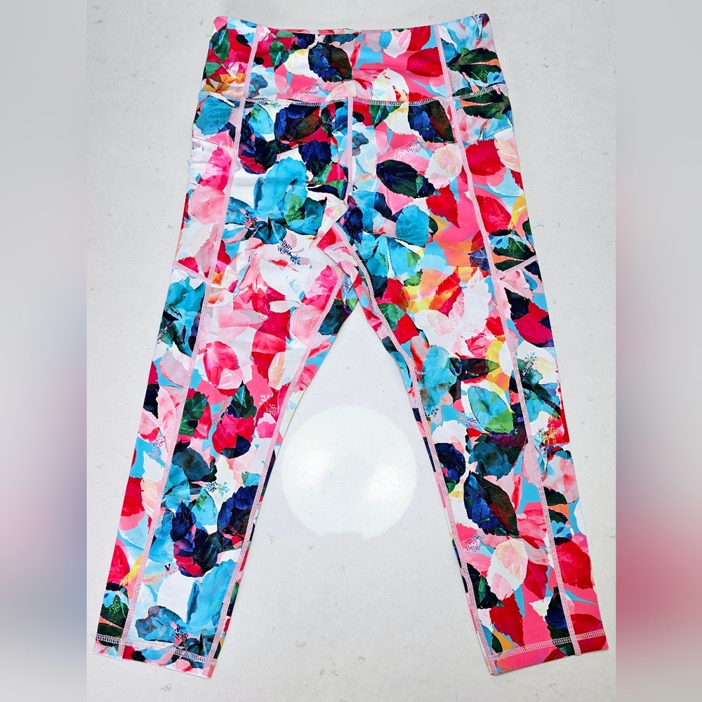 🌸🦋 ZYIA Active FLORAL Workout Yoga Legging Capri Tights 8 10 (Large)